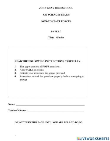 Year 8 Non-Contact Forces Test