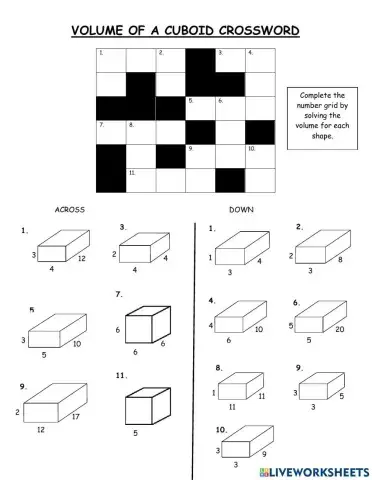 Volume of Cuboid Crossword
