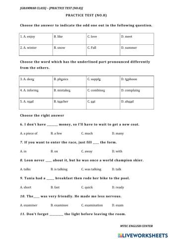 Grammar - practice test no 8