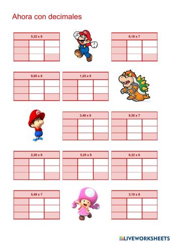 Multiplicaciones con decimales tablas 6 al 10