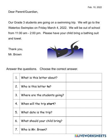 Swimming Trip Permission Form