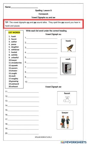 Vowel Digraphs au and aw