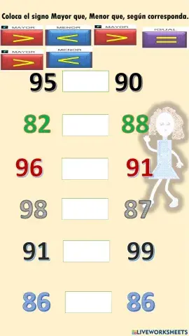 Coloca el signo mayor que, menor que, igual, según corresponda.