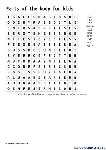 PARTS OF THE BODY WORDSEARCH