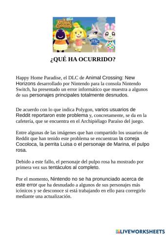 Comprensión lectora animal crossing