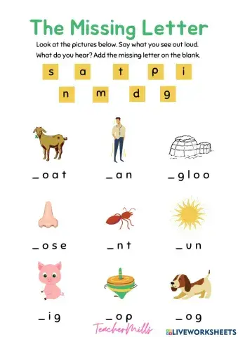 Beginning sound s, a, t, p, i, n, m, d