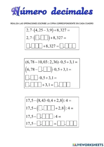 CONTROL 13 OPERACIONES NUMEROS DECIMALES 1º ESO
