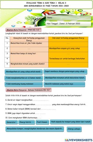 Evaluasi tema 6 st 1
