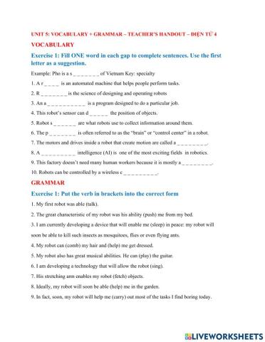 UNIT 5- VOCABULARY- GRAMMAR- Teacher's handout- Dien Tu 4