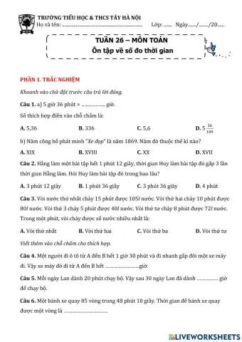 Phiếu Toán cuối tuần 26