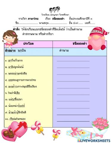 ใบงาน เรื่อง ชนิดของคำ