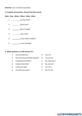 A1 Grammar task -to be- questions