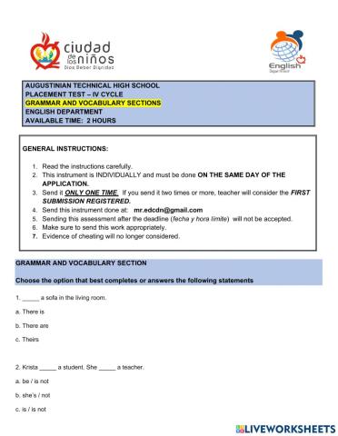 Grammar - vocabulary placement test - iv cycle