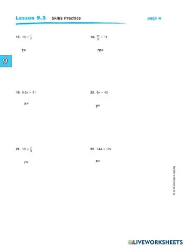 9.3 Skills Practice: One-Step Equations