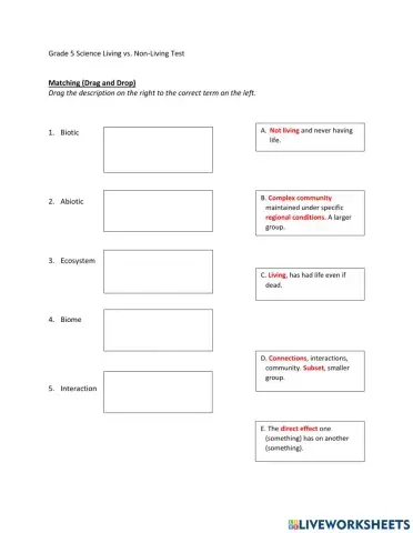 Grade 5 Science Living vs. Non-Living Test (Easy)