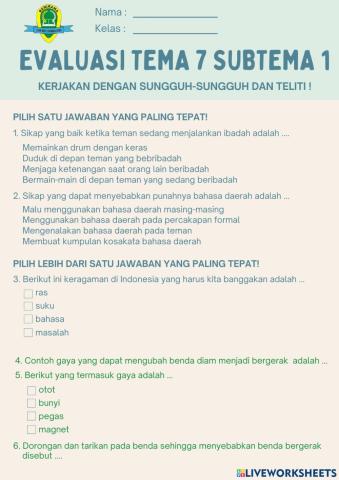 Evaluasi tema 7 subtema 1