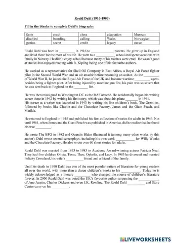 Roald Dahl biography reading task