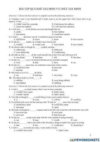 Bài tập quá khứ giả định và thức giả định