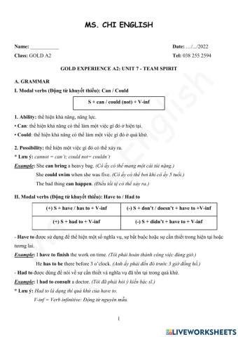 16.02.22 Gold A2- U7 Grammar