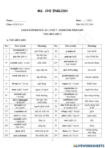 14.02.22 Gold A2+- U7 Vocab 1
