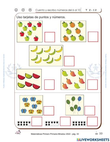 Matemáticas Primero Primaria Mineduc 2022 pág. 33 - Cuento y Escribo del 6 al 10