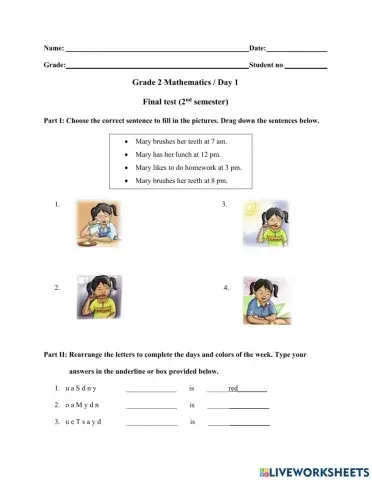 Grade 2 Math Final Test (2nd sem - Day 1)