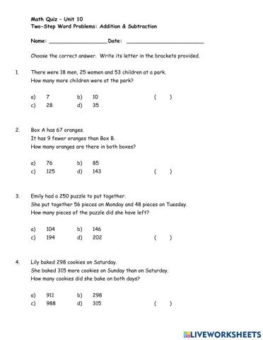 Math Word Problems Addition and Subtraction