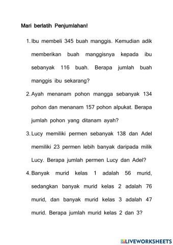 Soal Cerita Penjumlahan