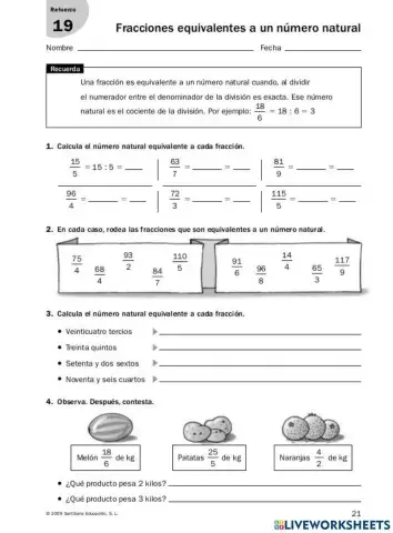 Fracciones equivalentes a un número natural