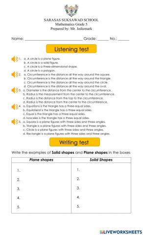 Listening and Writing test for Grade 5
