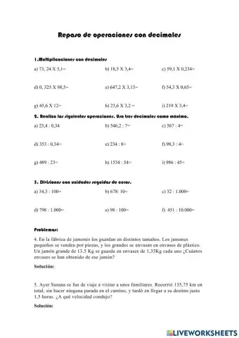 Repaso. Operaciones con decimales 