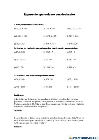 Repaso. Operaciones con decimales 