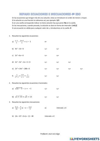 Repaso ecuaciones e inecuaciones 4º ESO