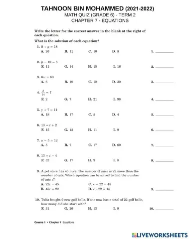 Math worksheet - chapter 7 - equations