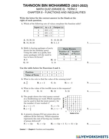 Math  worksheet - chapter 8 - functions and inequalities