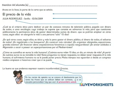 La carta de  opinión