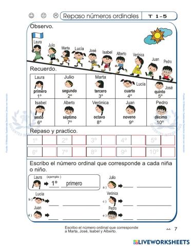 Matemáticas Segundo Primaria Mineduc 2022 pág. 6 - Repaso números ordinales