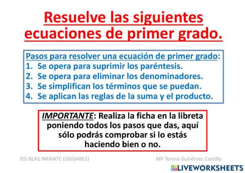 Ecuaciones de primer grado (ficha 3) 2º eso