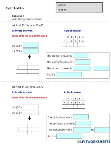 Numbers up to 100 000 (Addition: estimate & actual)