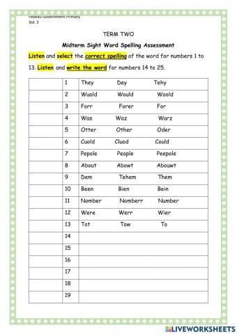 Mid Term Sight Words Assessment