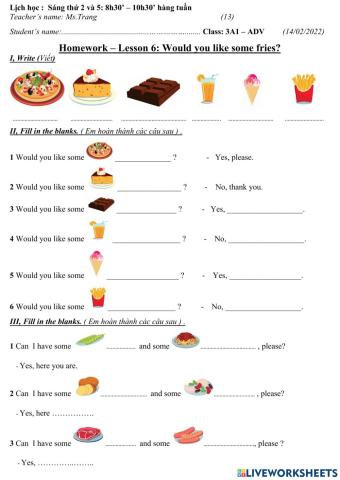 3A1-Lesson 6- Would you like some fries?