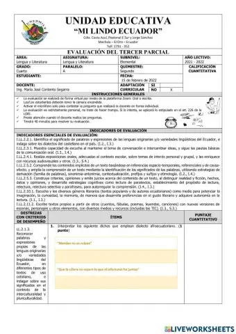 Evaluación de Lengua y Literatura del Tercer Parcial del Segundo Quimestre