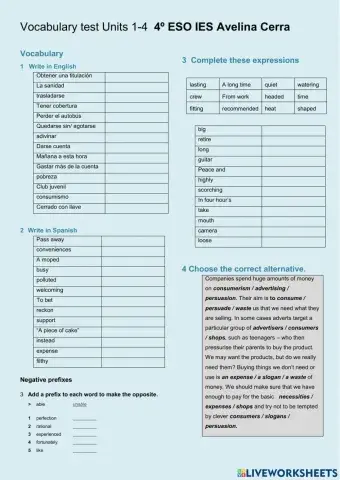 Vocabulary Test units 1-4 4º ESO