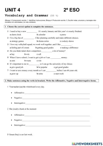 Exam U4 2 ESO - Comparatives -Quantifiers -Tenses