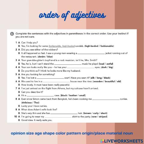 Order of adjectives in context