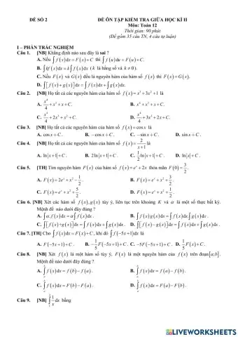 Toán 12 - Kiểm tra GK2 - Đề số 02