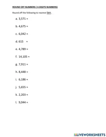 Round off numbers to tens (4 digits) Year 4