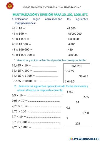 Multiplicación y división para 10, 100, 1 000, etc.