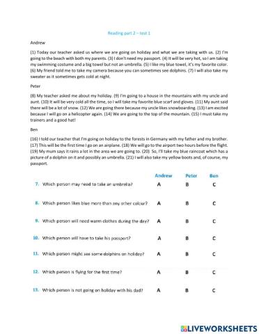 Reading part 2-simply test 1
