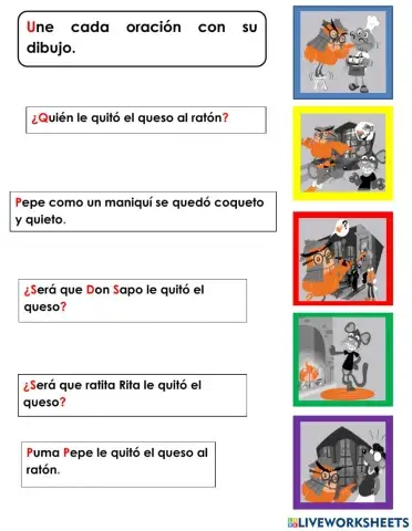 Unir oraciones con dibujo Dónde esta el queso